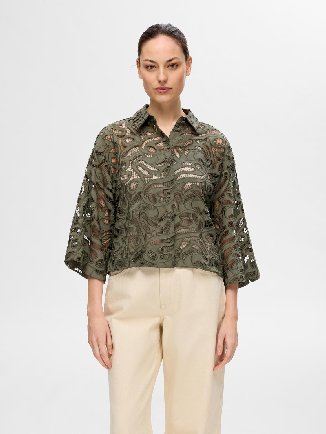 SLFALLIA 3/4 CROPPED BROIDERIE SHIRT - SELECTED FEMME