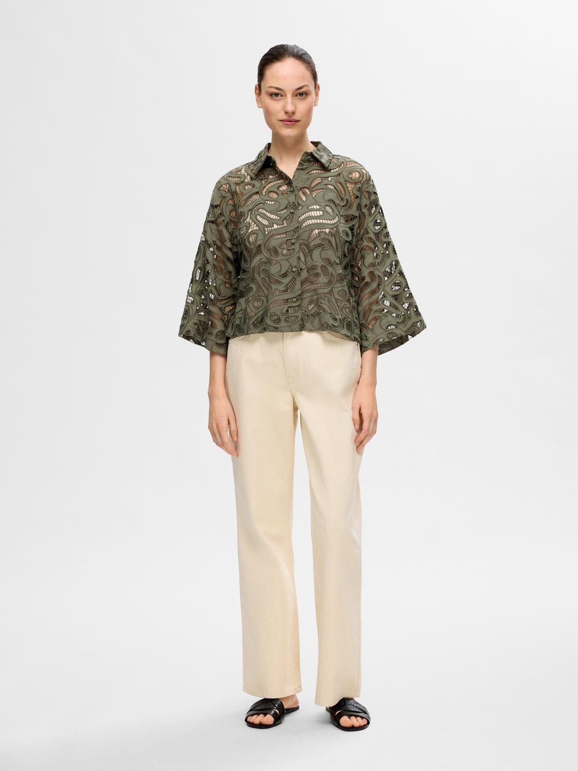 SLFALLIA 3/4 CROPPED BROIDERIE SHIRT - SELECTED FEMME